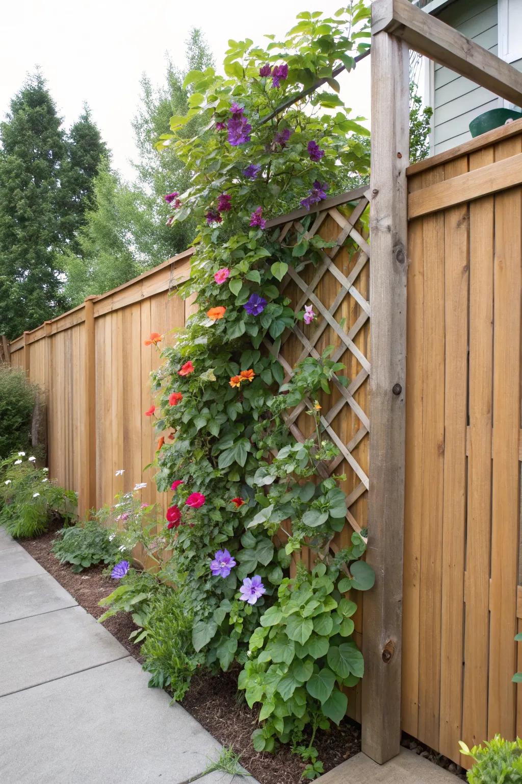 A vertical garden trellis transforms a simple fence into a lush privacy wall.
