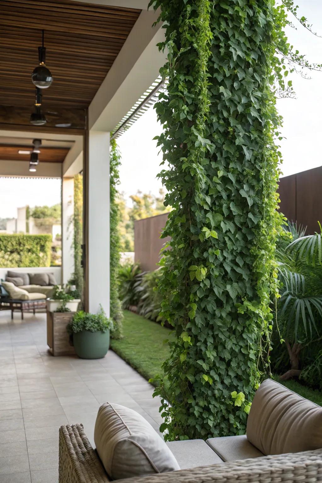 A vibrant green wall providing natural privacy for a cozy patio.