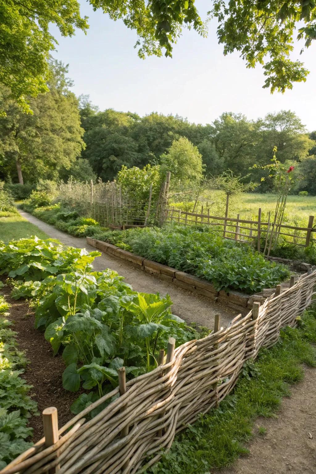 A vegetable garden enclosed by a charming wattle fence.