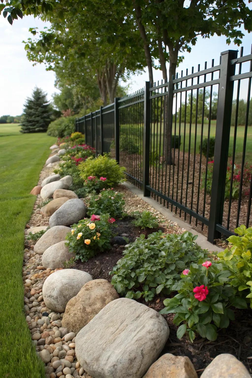 Create a rustic allure with rocks and resilient greenery.