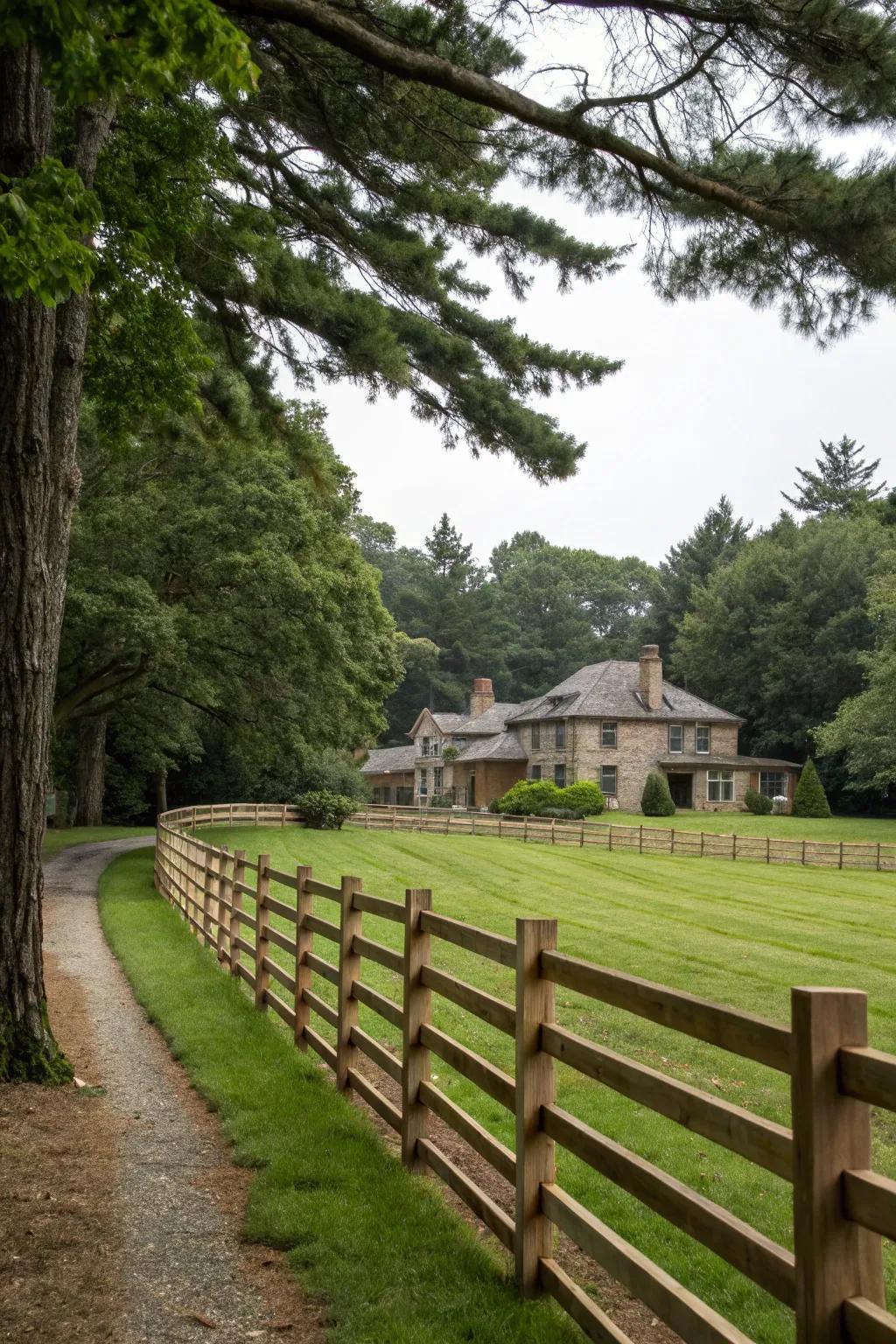 Timeless charm: Cedar wooden fencing for large properties.