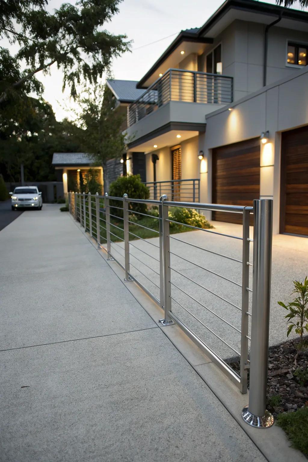 Sleek metal fencing adds a modern touch to any driveway.