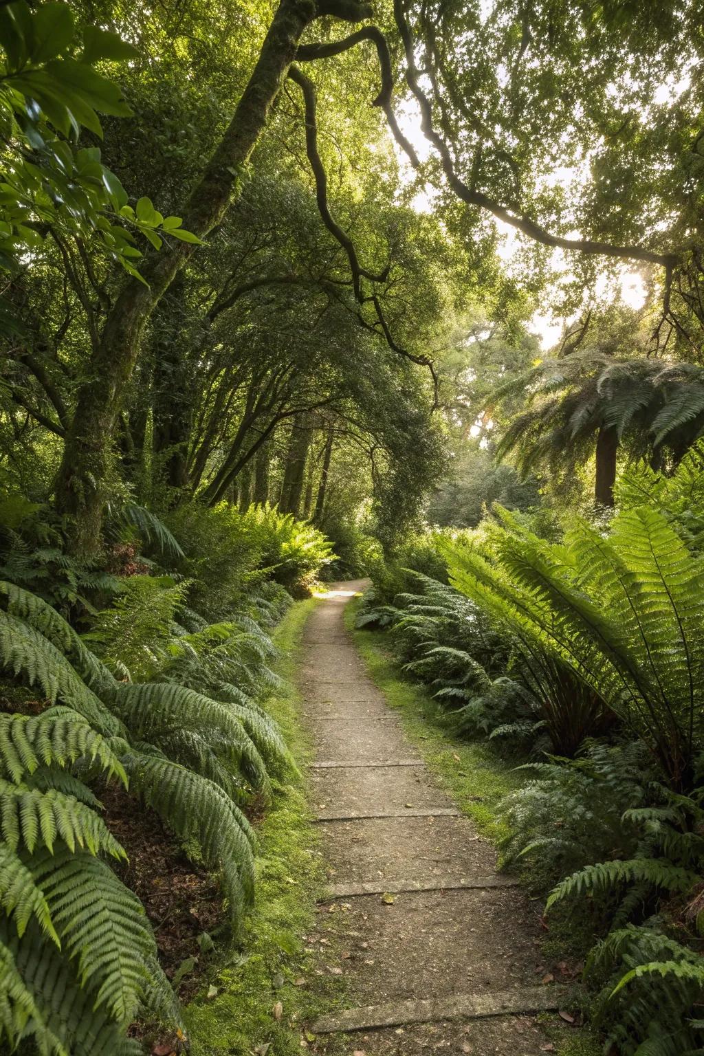 Garden path lined with tall ferns, offering a woodland vibe.