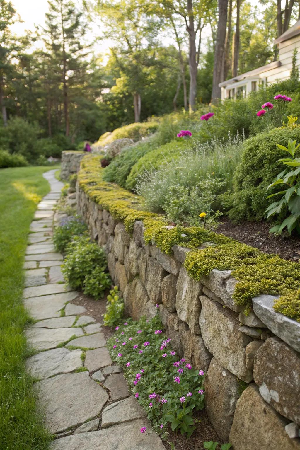 Natural aesthetics with a rustic field stone wall.