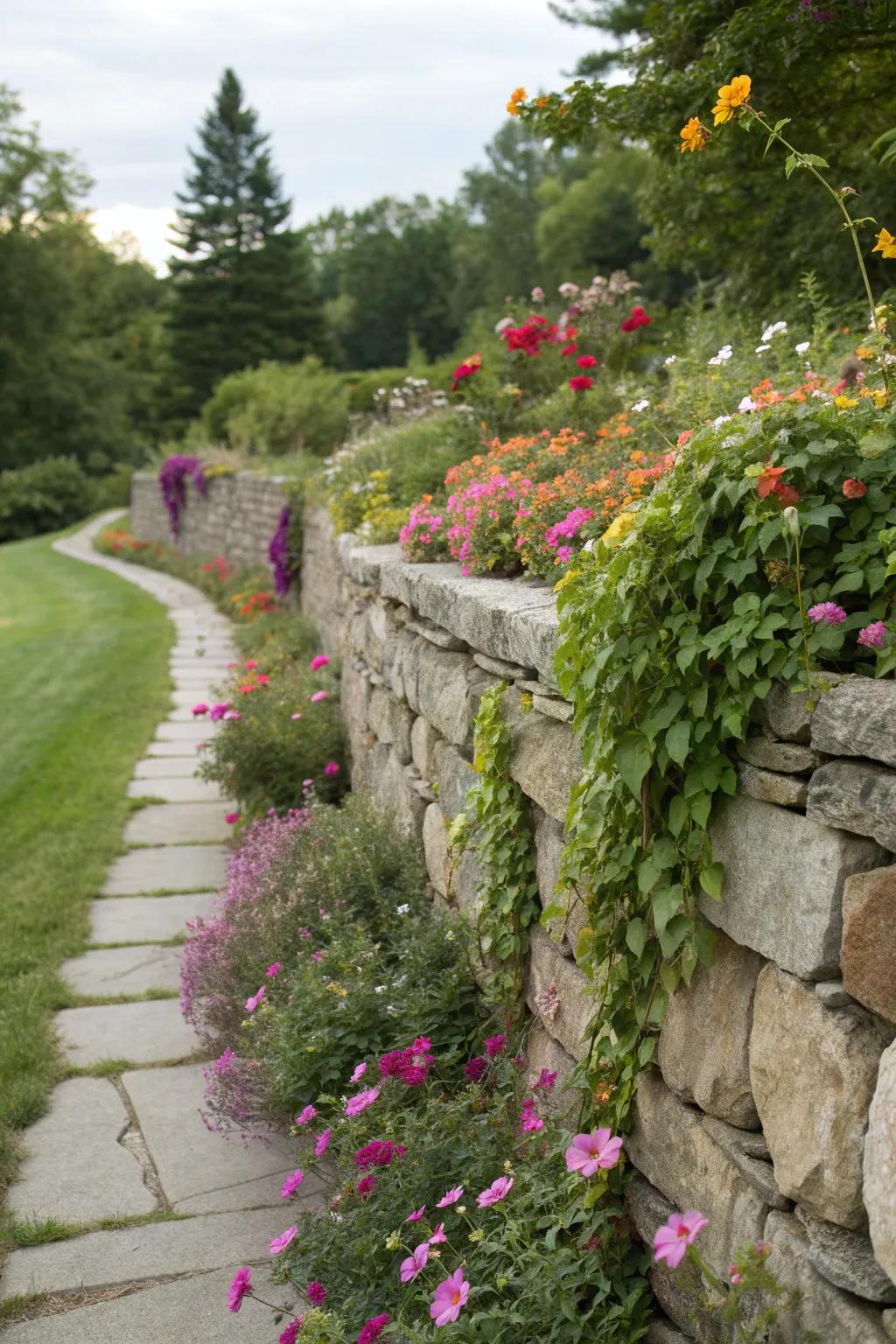 Fieldstone retaining walls blend functionality with natural beauty.