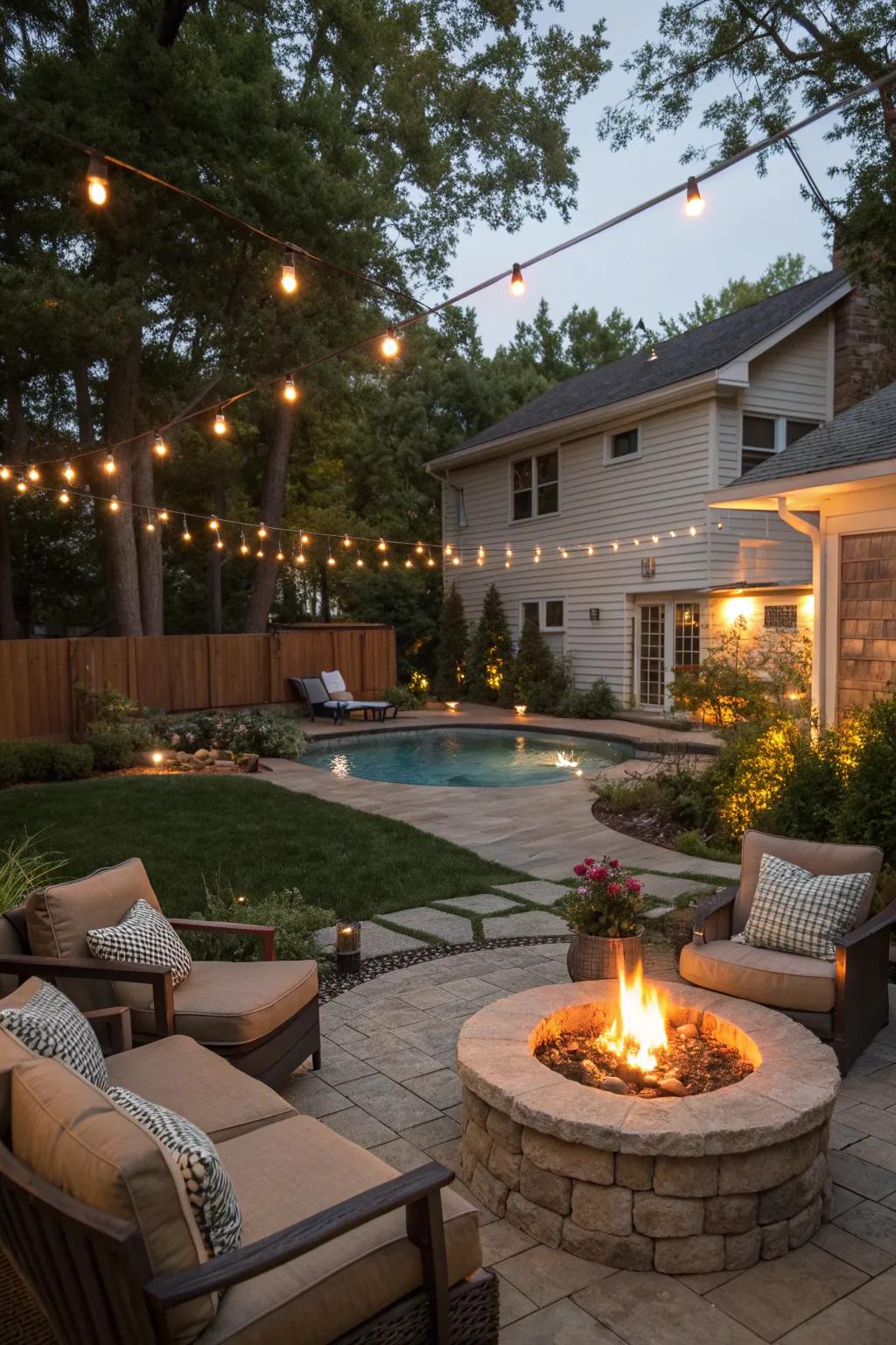 A filled-in pool area transformed into a welcoming fire pit retreat.