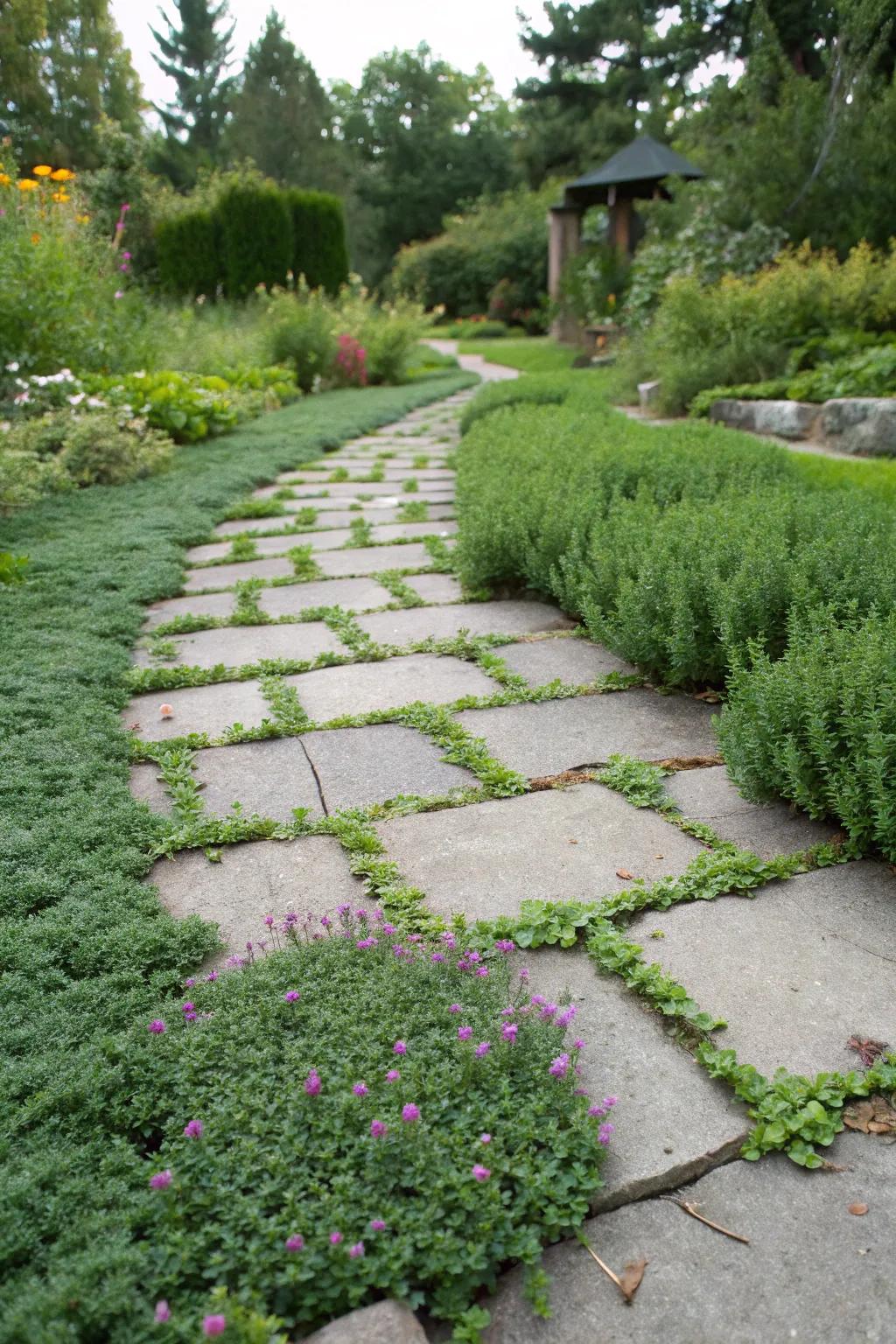 Creeping thyme adds a vibrant touch and delightful aroma between pavers.