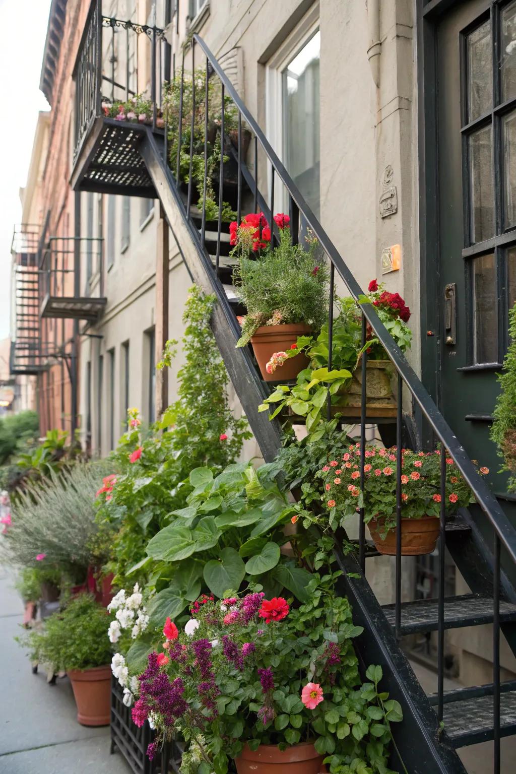 A fire escape lush with potted plants and flowers, creating a green oasis.