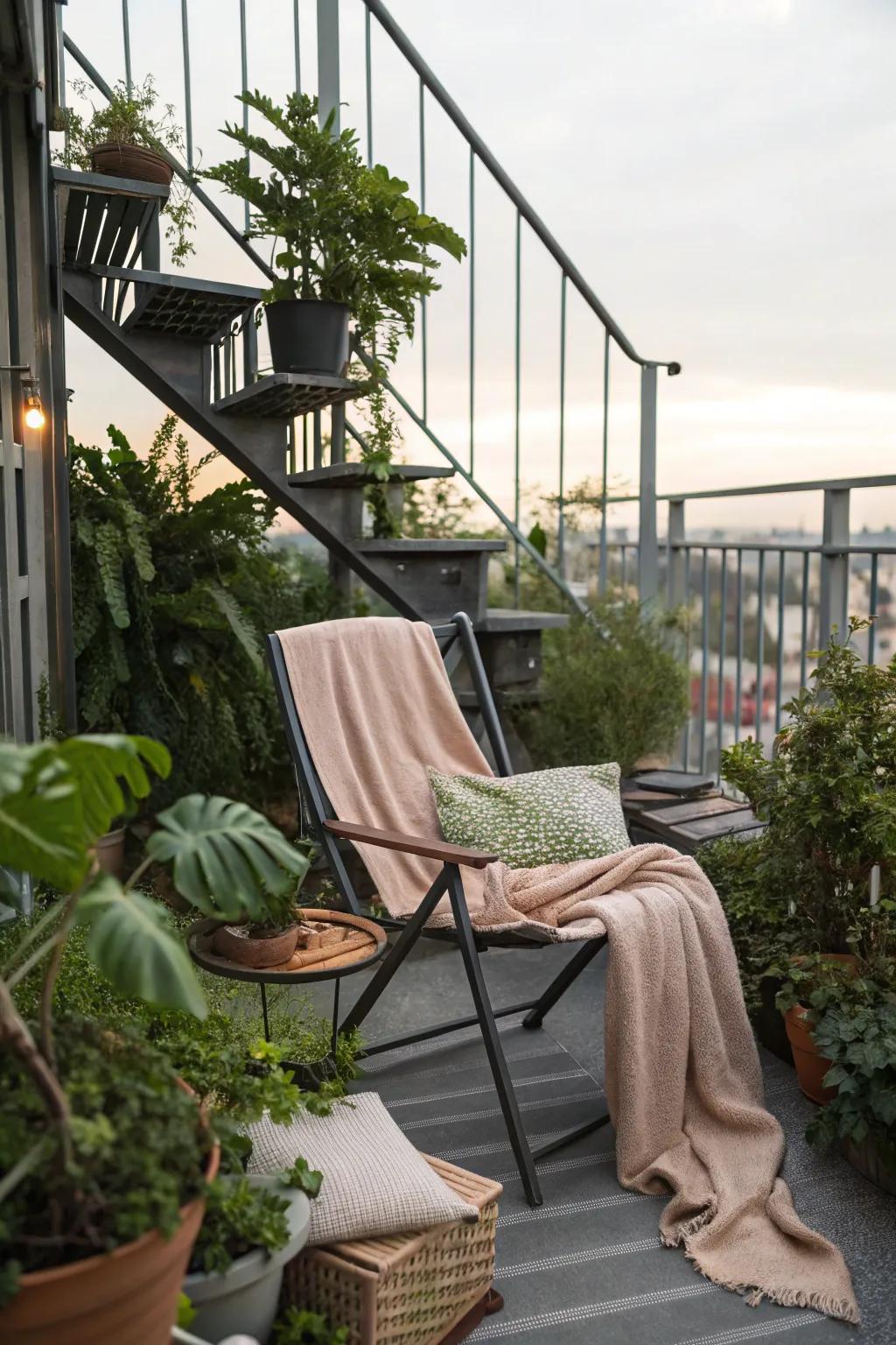 A foldable chair turns a fire escape into a perfect reading nook.
