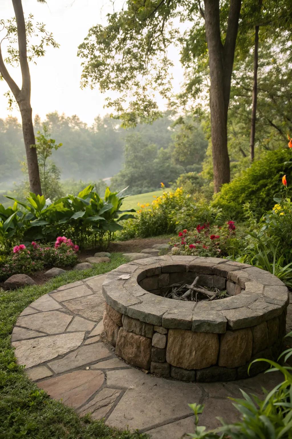 A stone ring base adds a rustic charm to any backyard.