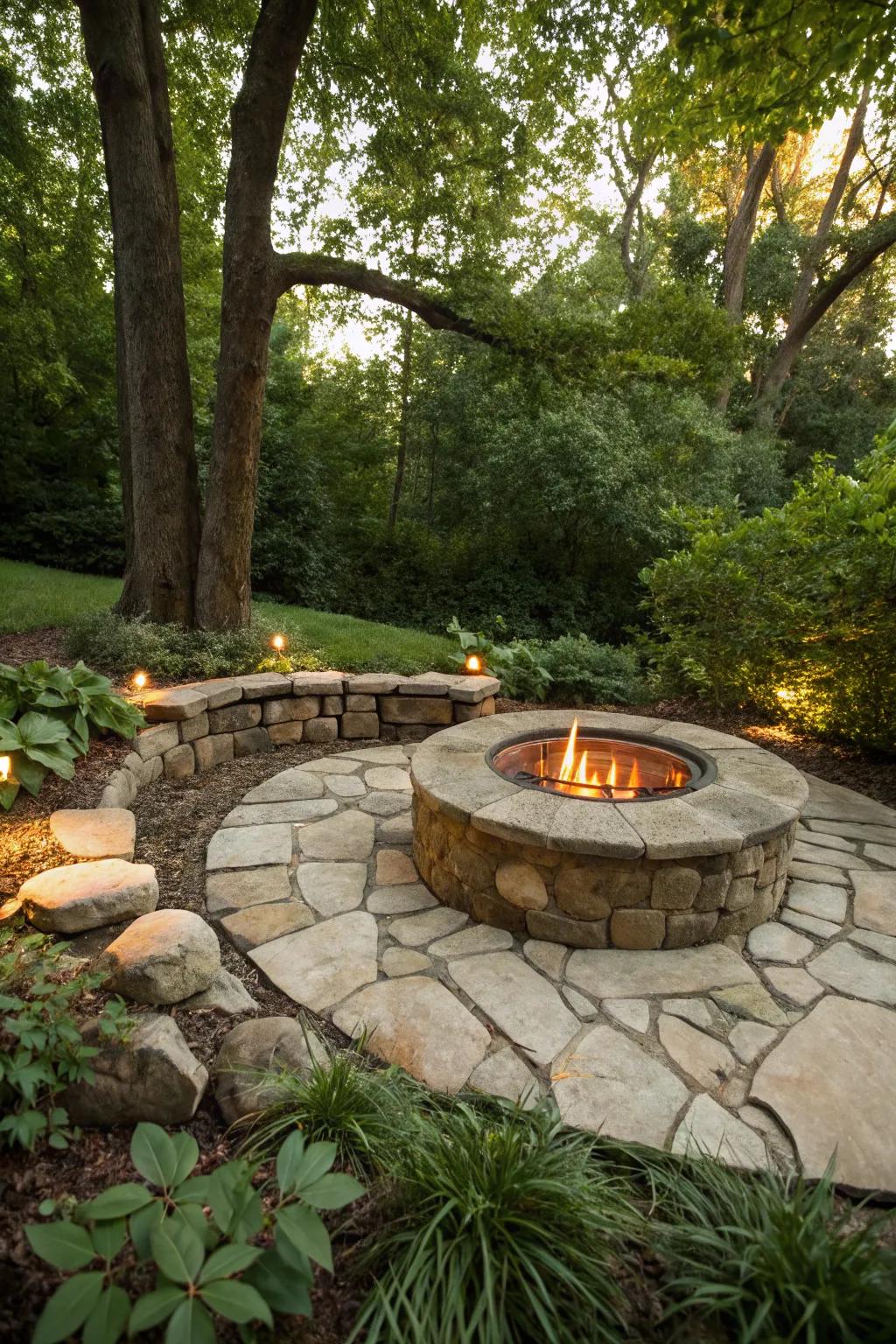 A classic circular stone fire pit blending into a lush backyard.