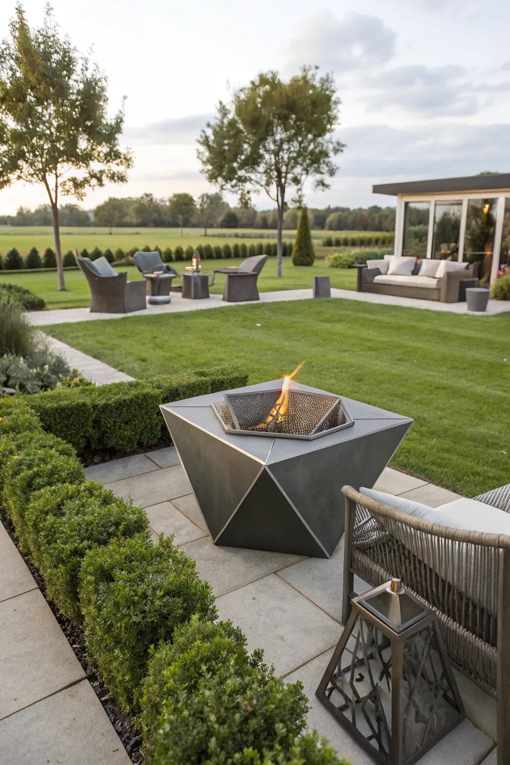 A geometric metal fire pit adds a modern touch to this stylish garden.