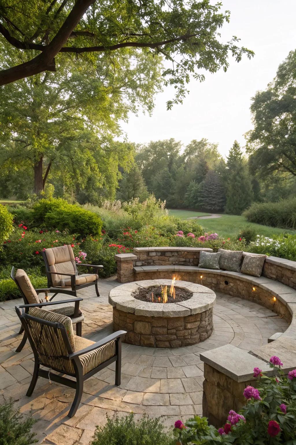 A classic circular stone fire pit in a lush garden.