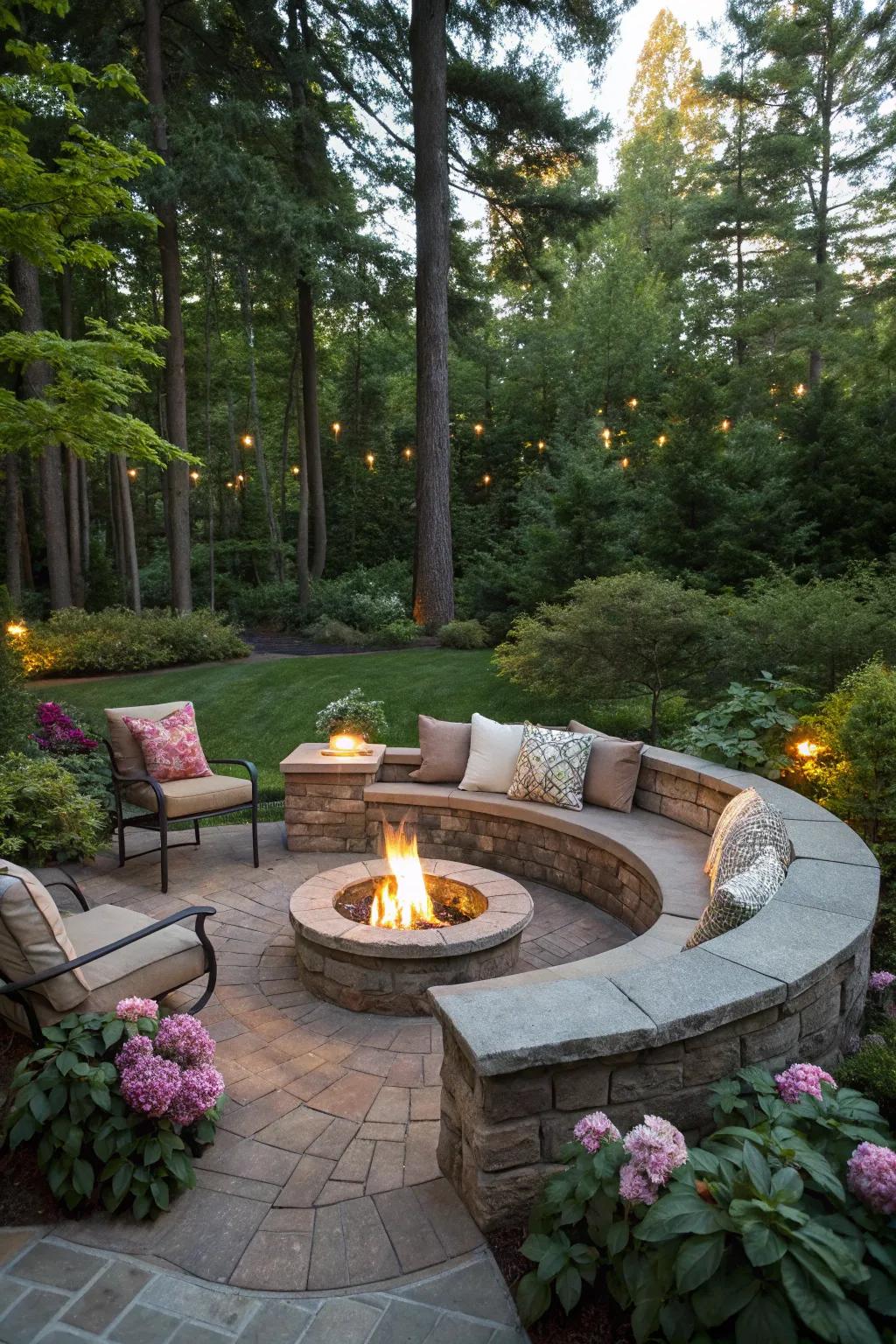 A circular stone fire pit with cozy seating, perfect for gatherings in a lush backyard.