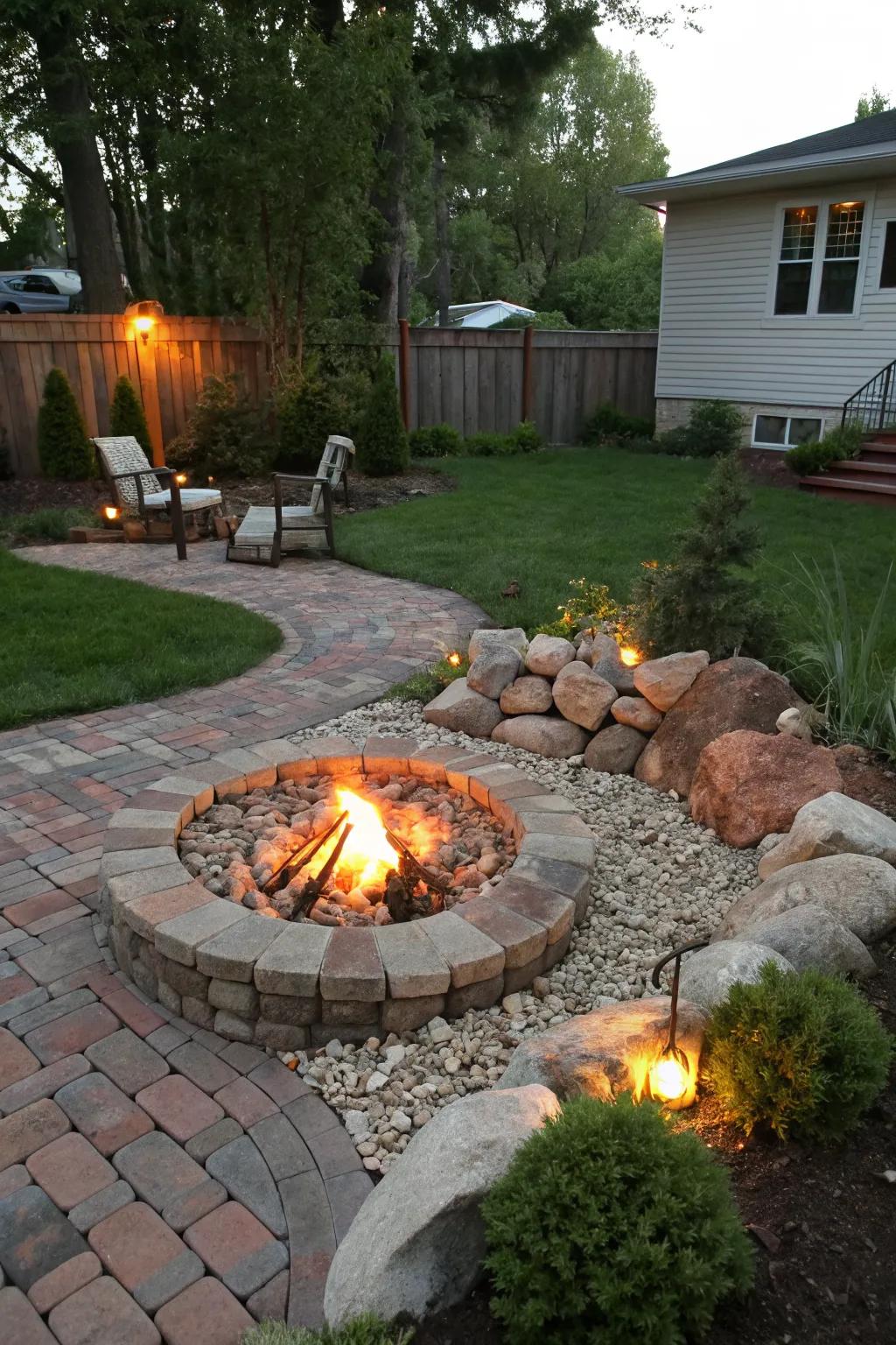 A fire pit encircled by stone and brick, adding a touch of rustic elegance to the backyard.
