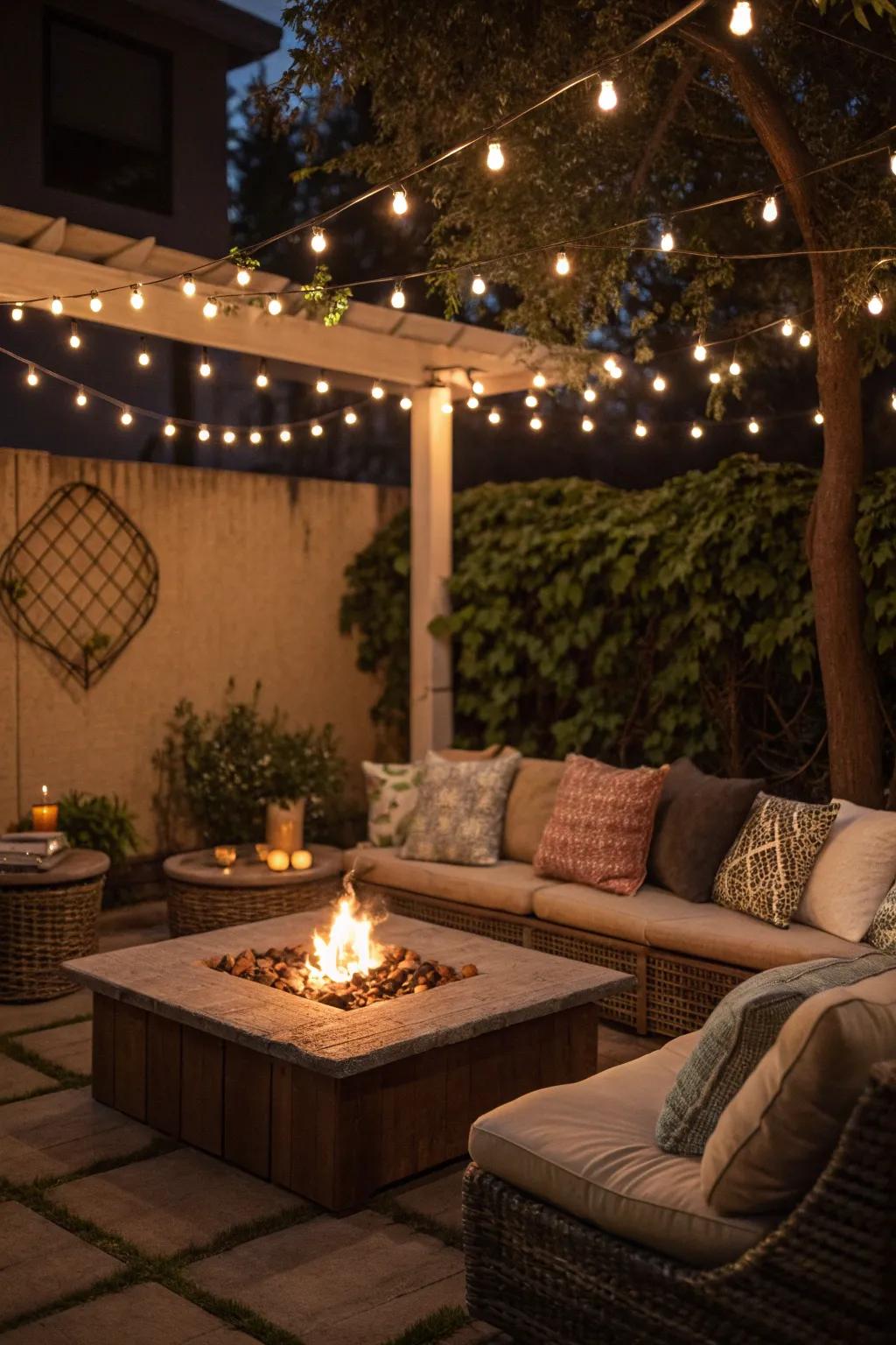 Create a cozy corner retreat with a fire pit table and soft lighting.