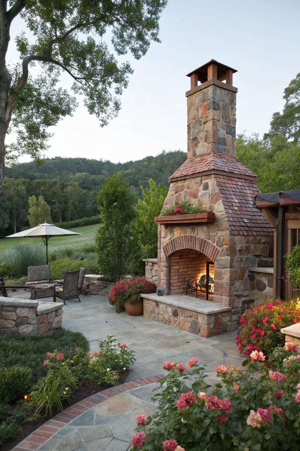 A classic stone and brick fire pit with a chimney adds rustic charm to any backyard.