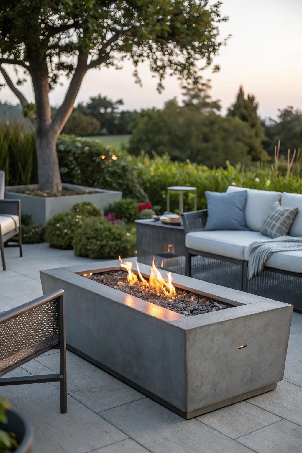 A sleek metal fire table that adds modern elegance to any patio.