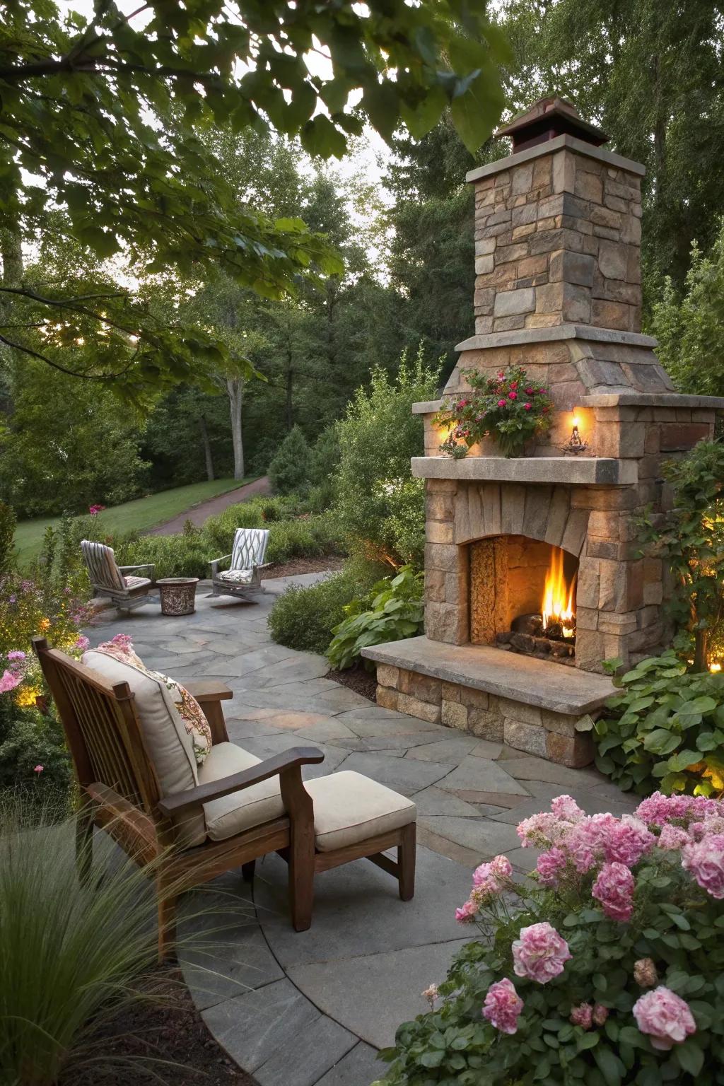 A natural stone fireplace nestled in a vibrant garden setting.