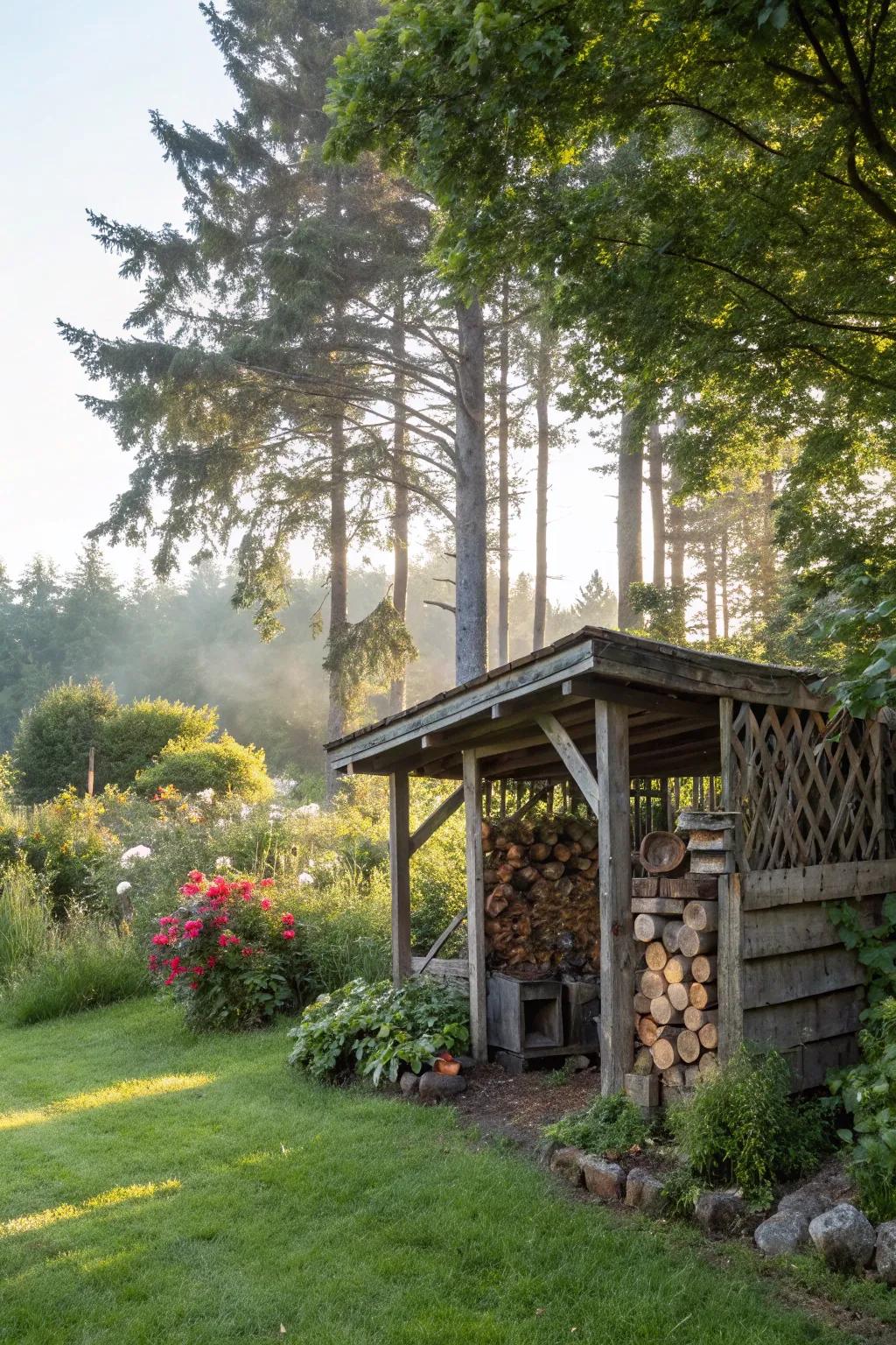 Rustic firewood shelter nestled in a green backyard oasis.