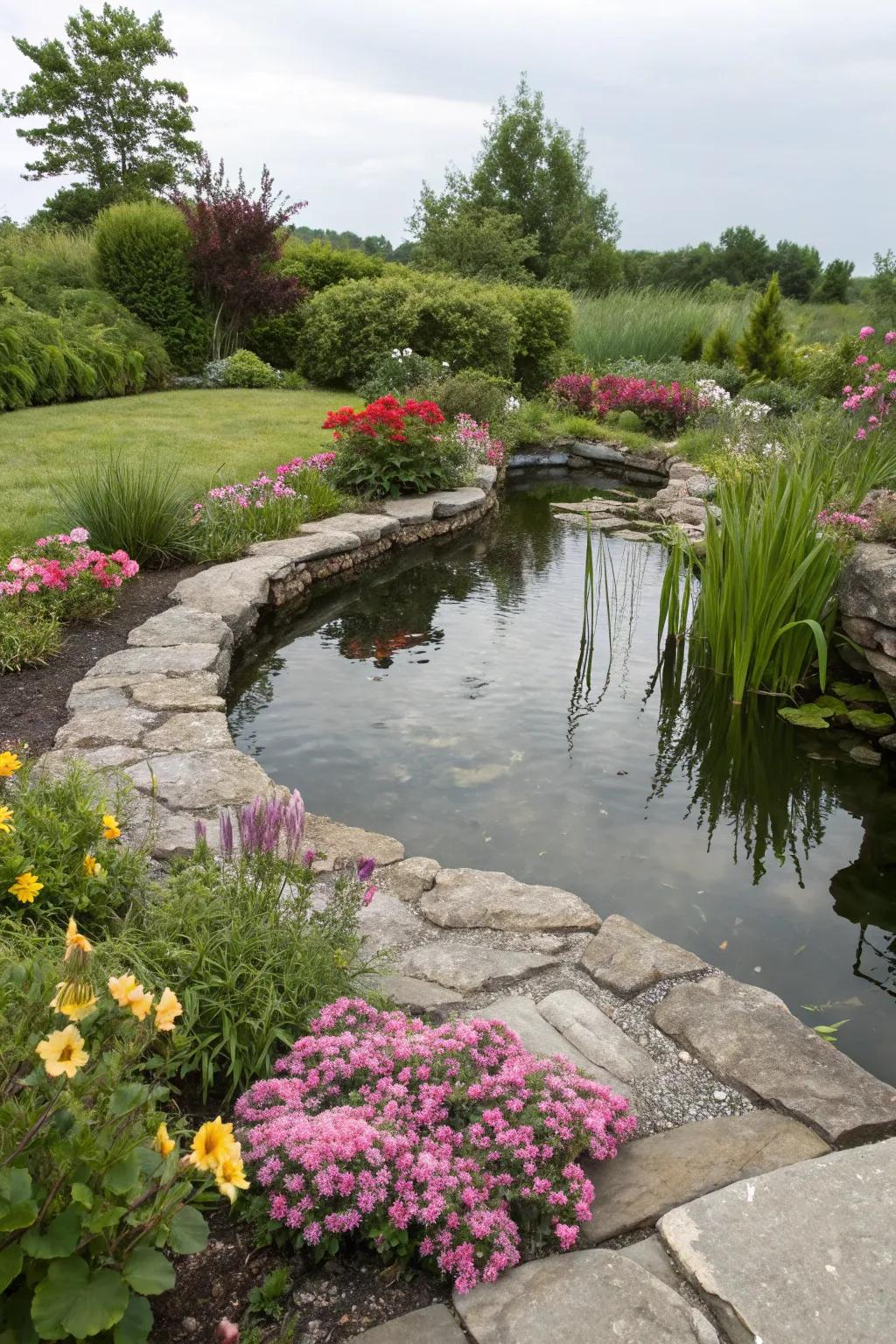 A garden pond with natural stone edges blending into the landscape