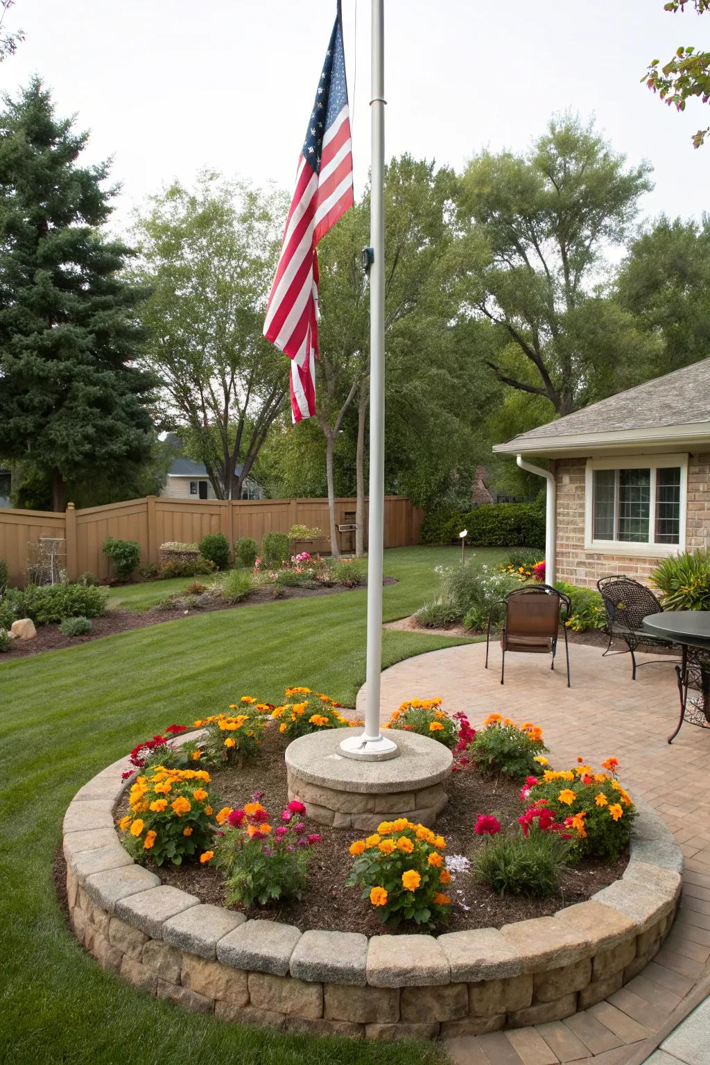 Circular flower beds create a balanced and inviting look.