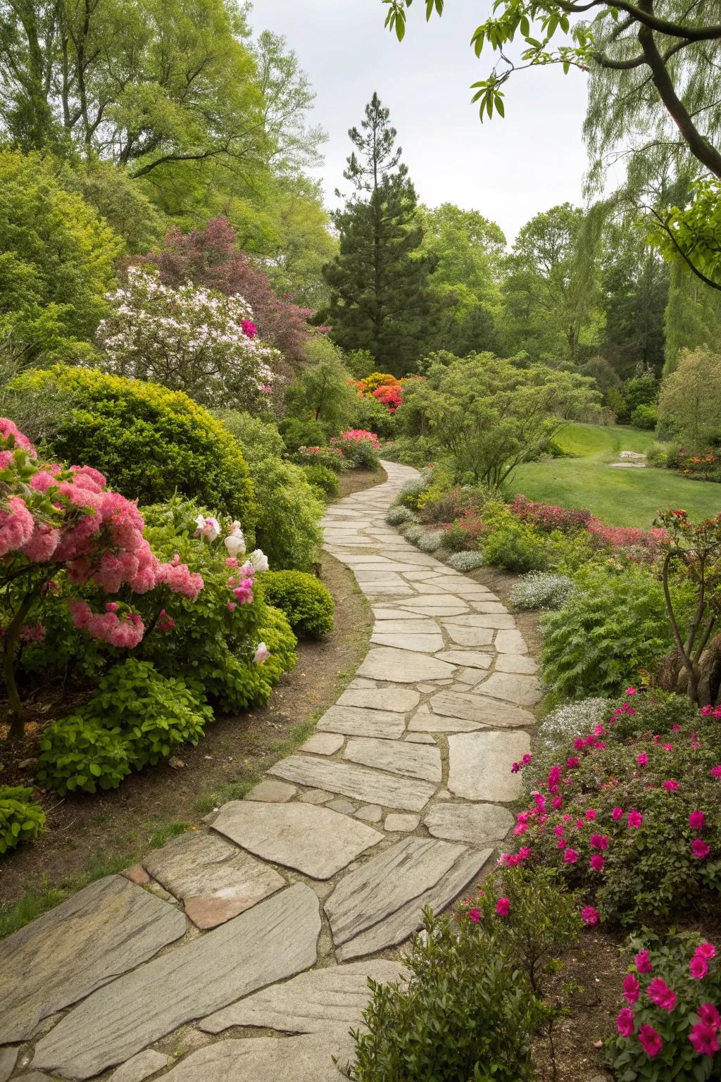A winding flagstone path that gracefully meanders through a vibrant garden.