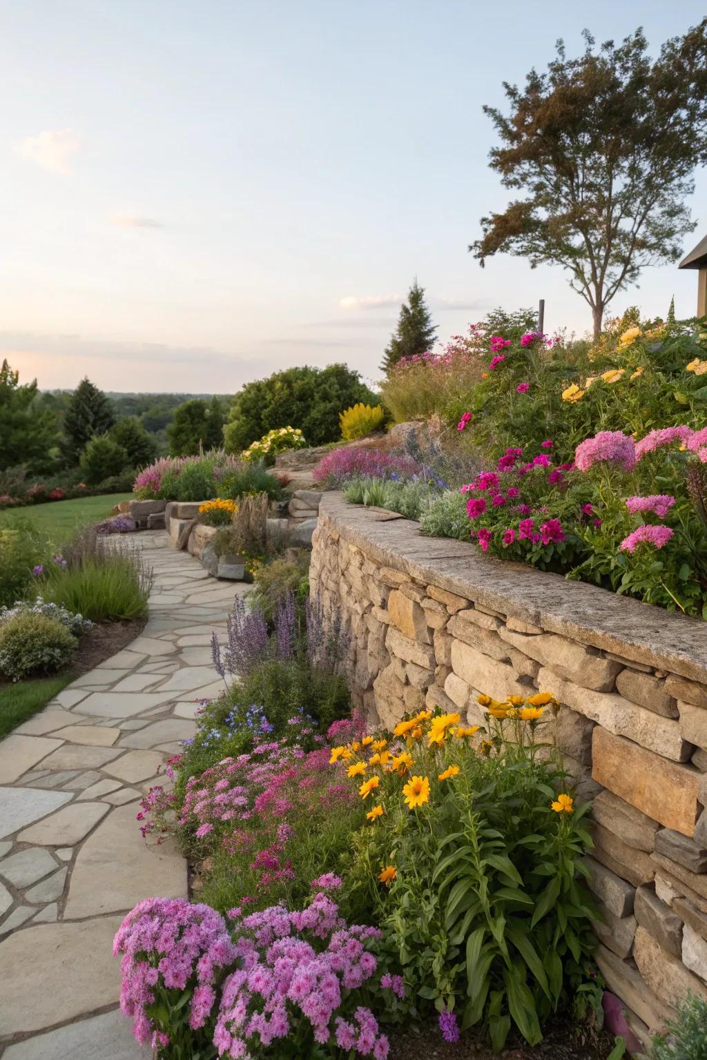 A flagstone wall harmoniously integrated with a vibrant garden