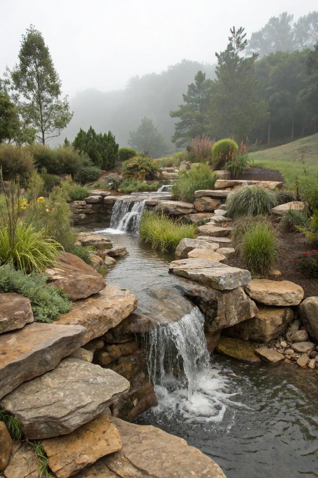 A naturalistic flagstone waterfall that resembles a mountain stream.