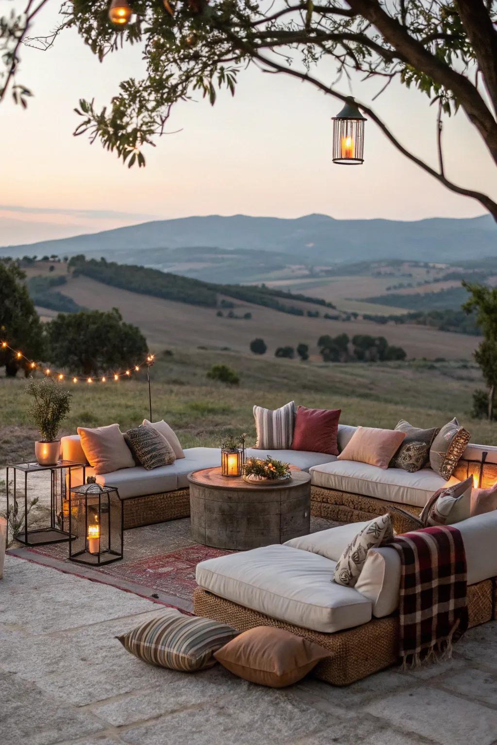 A cozy seating area turns your flat landscape into a welcoming retreat.
