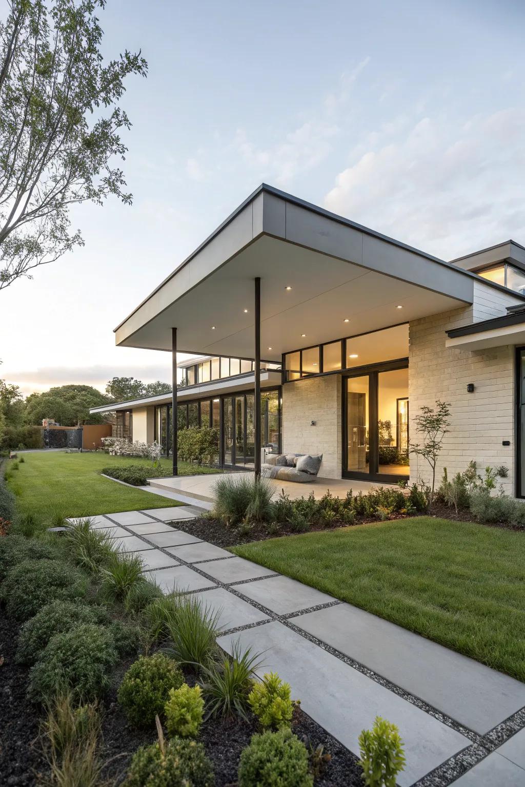 This flat roof portico showcases clean lines that beautifully complement the home's modern architecture.