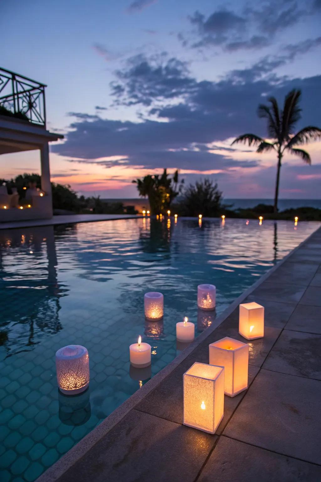 Classic floating candles create a timeless ambiance in any pool.