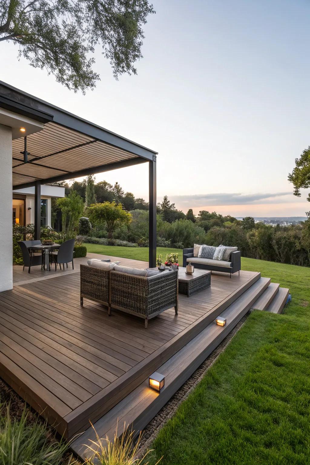 A raised deck provides a chic platform for outdoor relaxation.