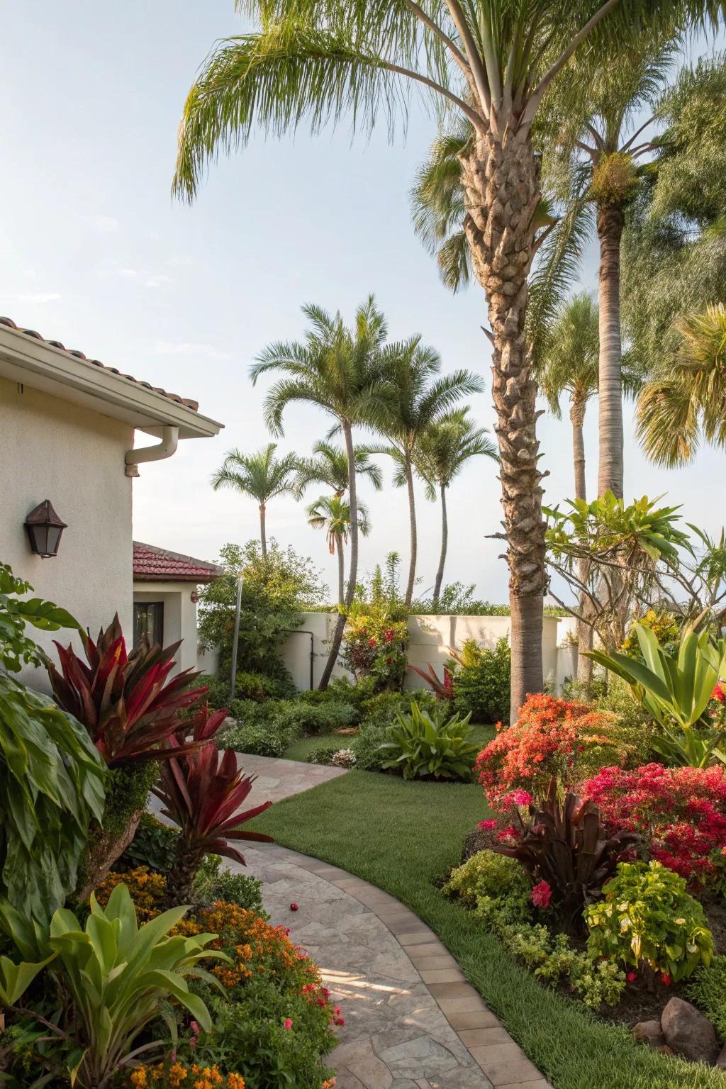 A lush backyard featuring palm trees and colorful tropical plants.