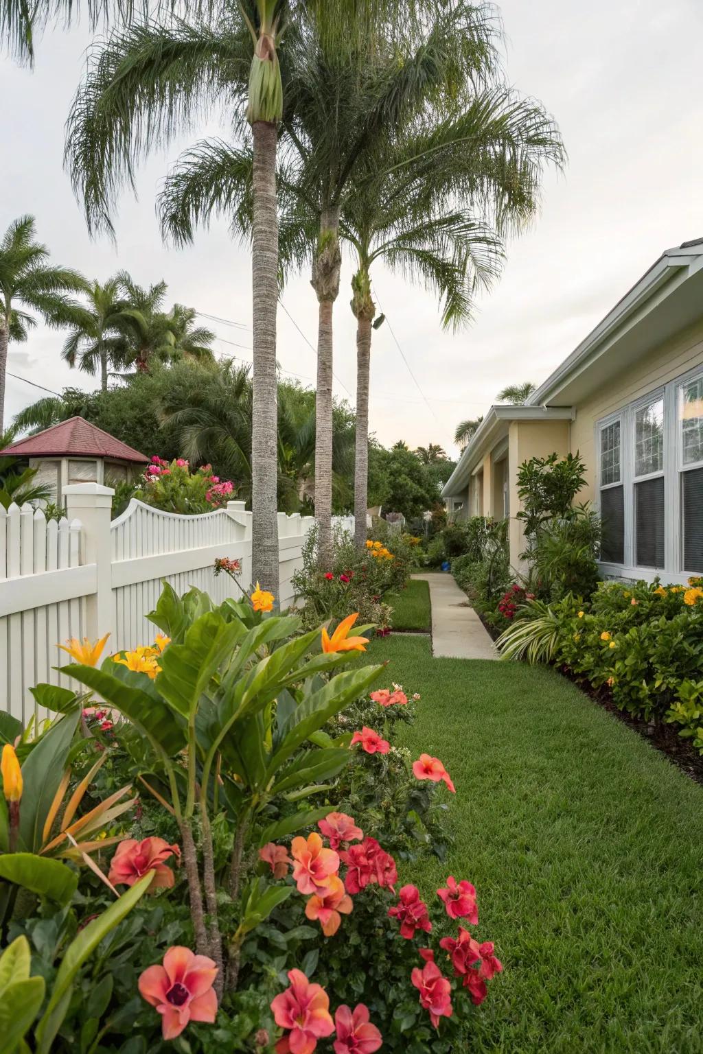 A tropical plant paradise with palm trees and vibrant flowers.