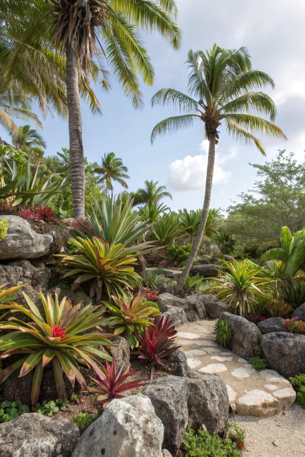 Lush succulents and palms perfect for a Florida rock garden.