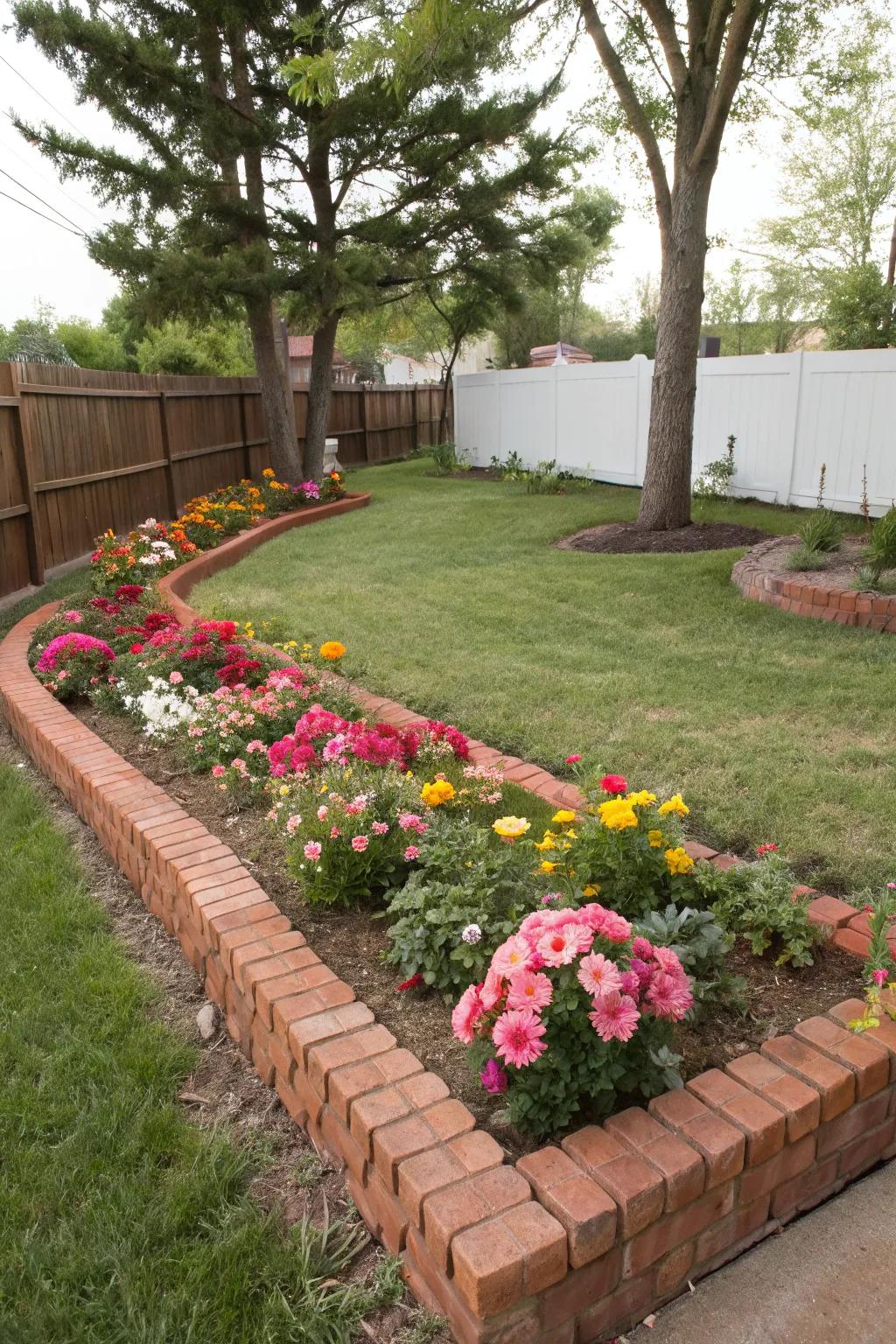 Timeless charm with classic brick edging around flower beds.