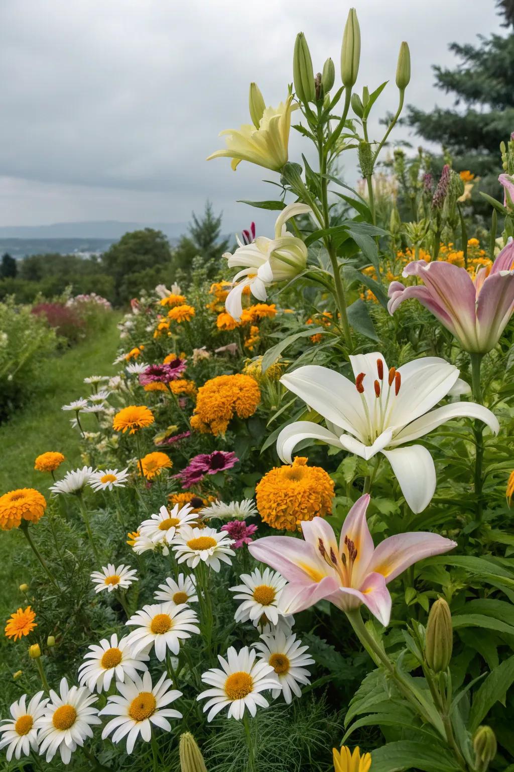 A natural flower wonderland with daisies and lilies.