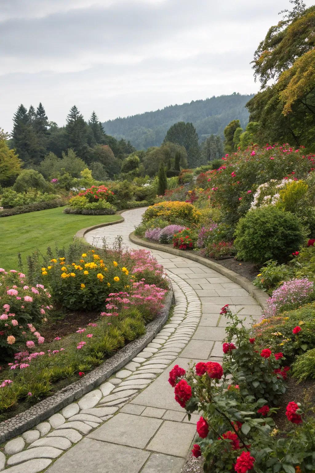 Curved stone pathways that lead your eyes through a garden wonderland.