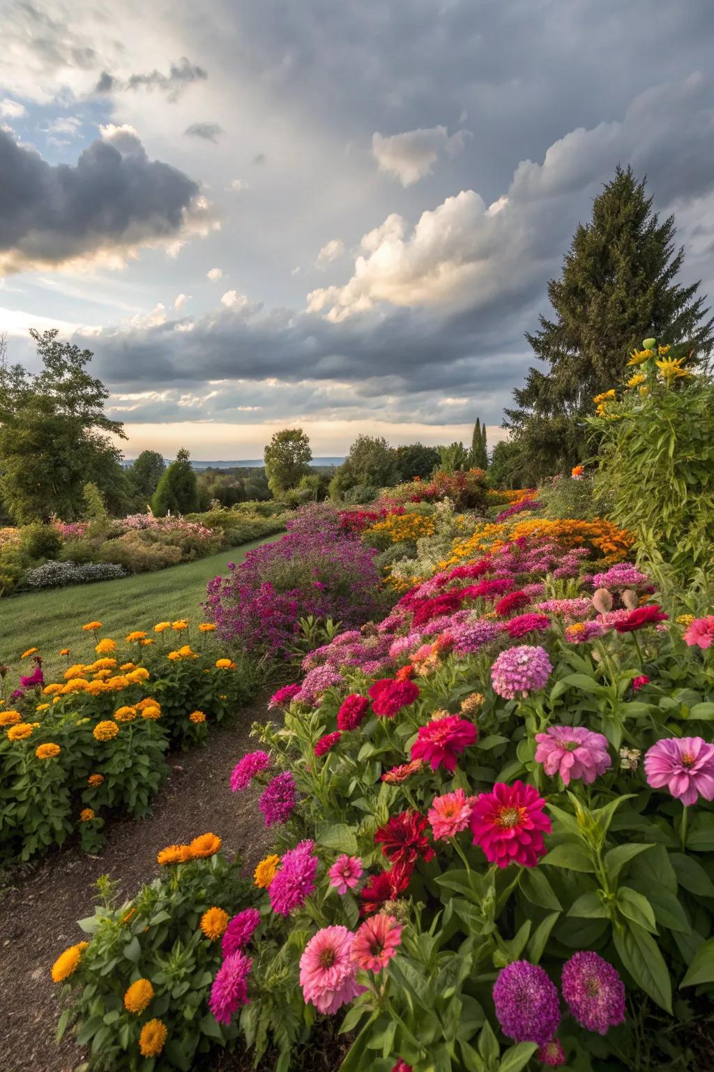 A garden bursting with a rainbow of colorful flowers.