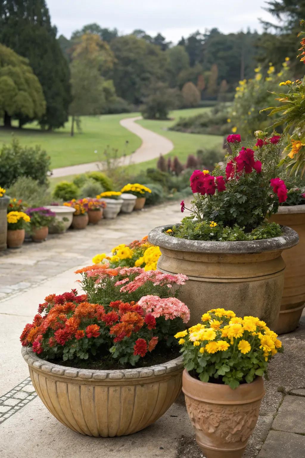 Mix and match pot sizes for a dynamic garden look.