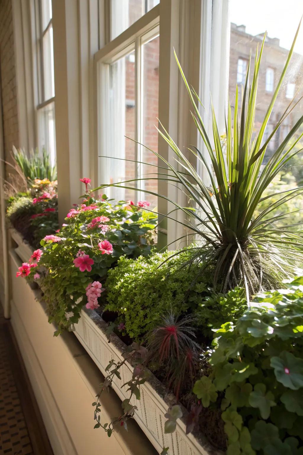 A layered flower box with a mix of plant heights for added depth.