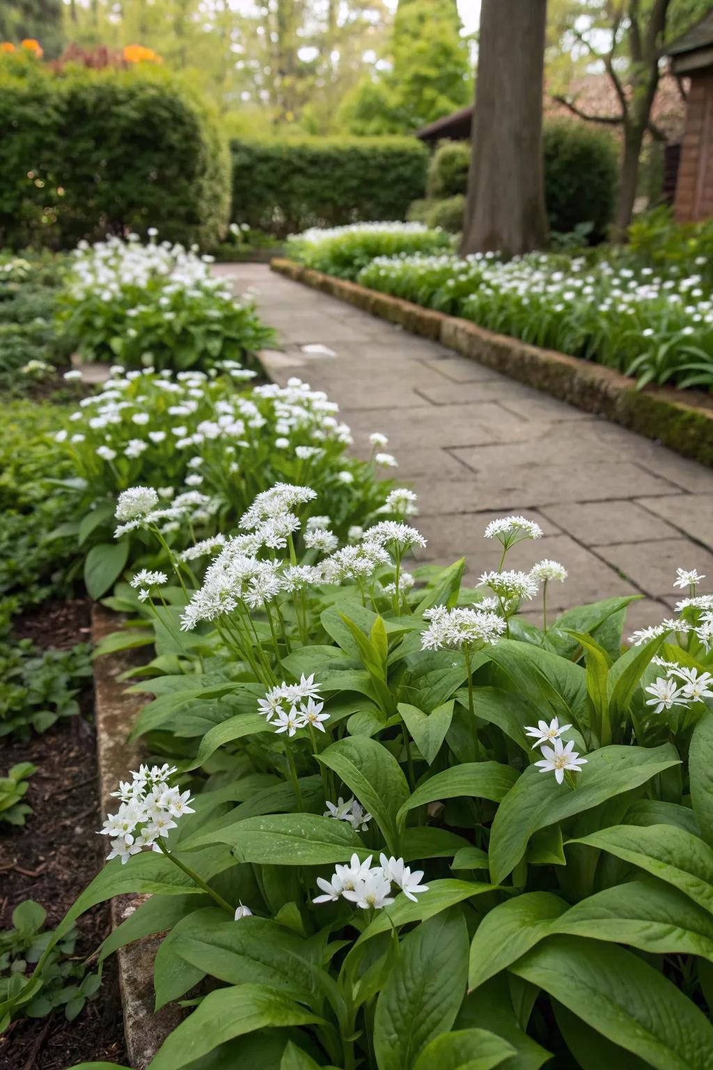A garden showcasing classic white flowers paired with green foliage