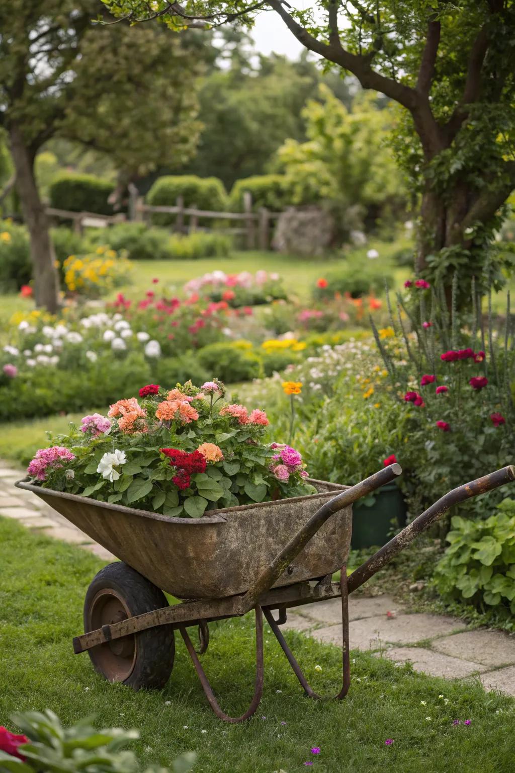 Repurpose an old wheelbarrow into a stunning flower container.