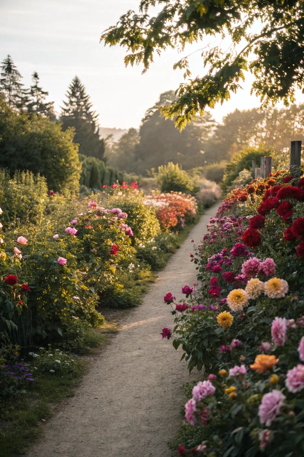 A whimsical flower path in a garden setting.