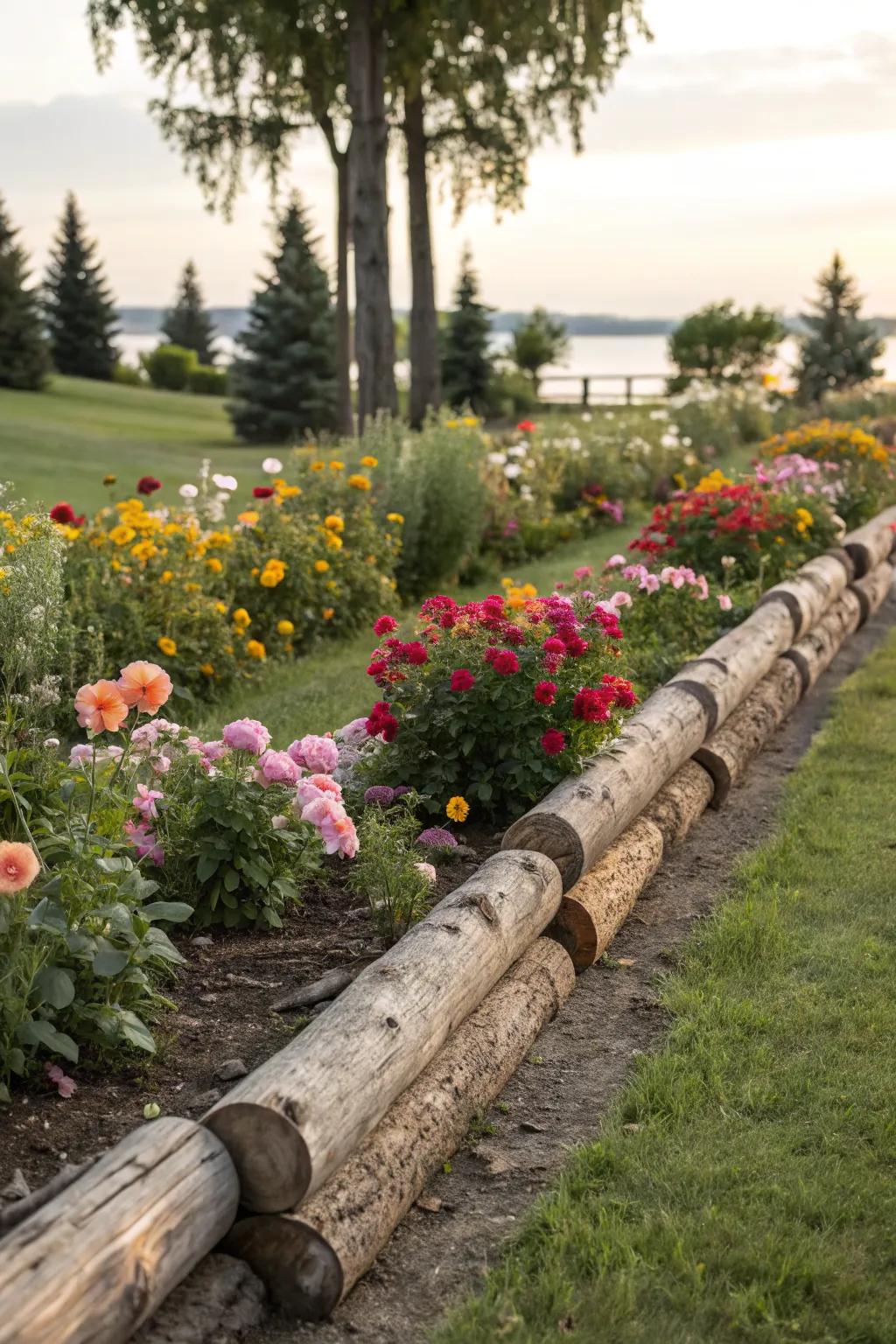 Rustic logs create a charming edge for a cozy garden feel.