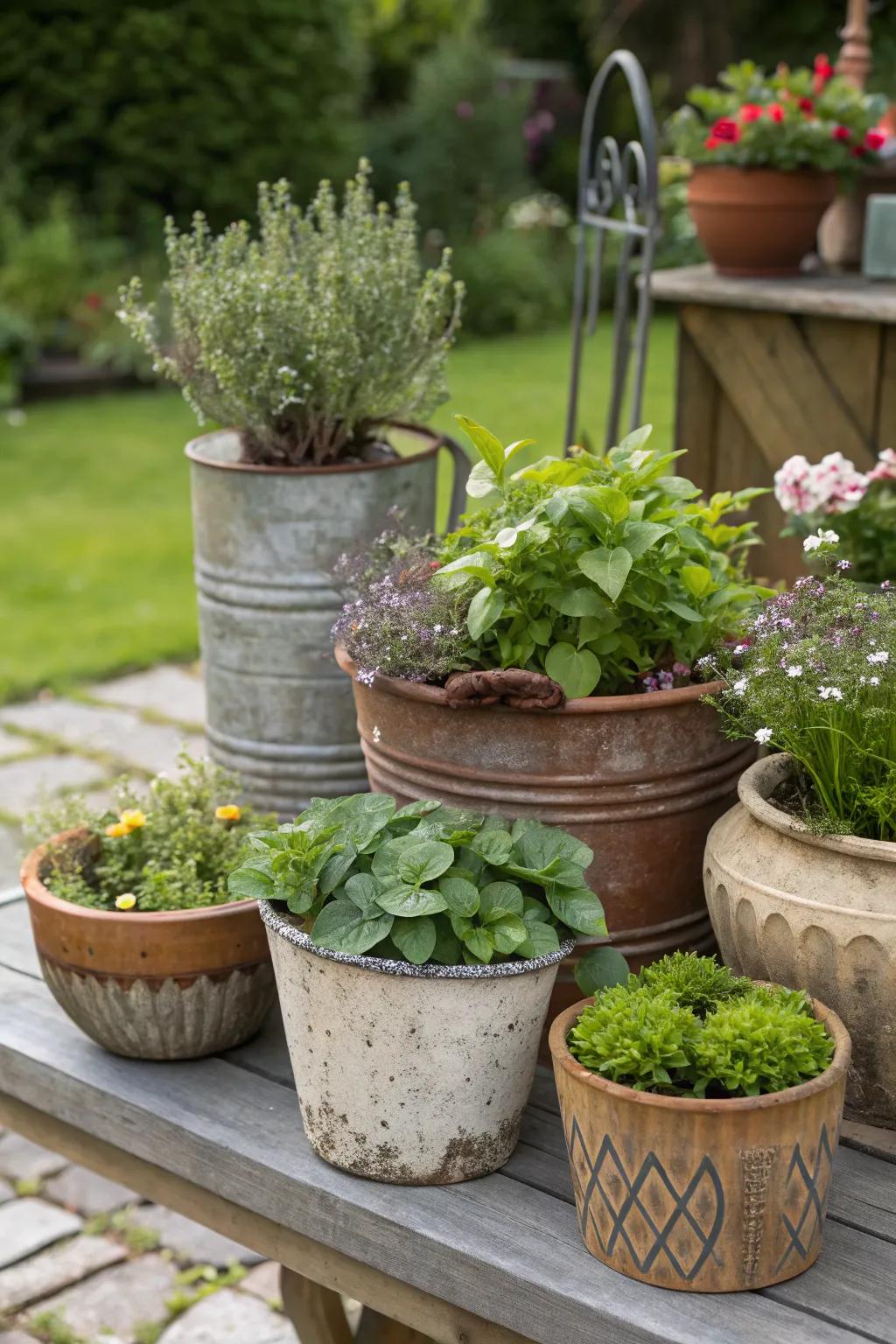 Create visual interest with an eclectic mix of pot styles.