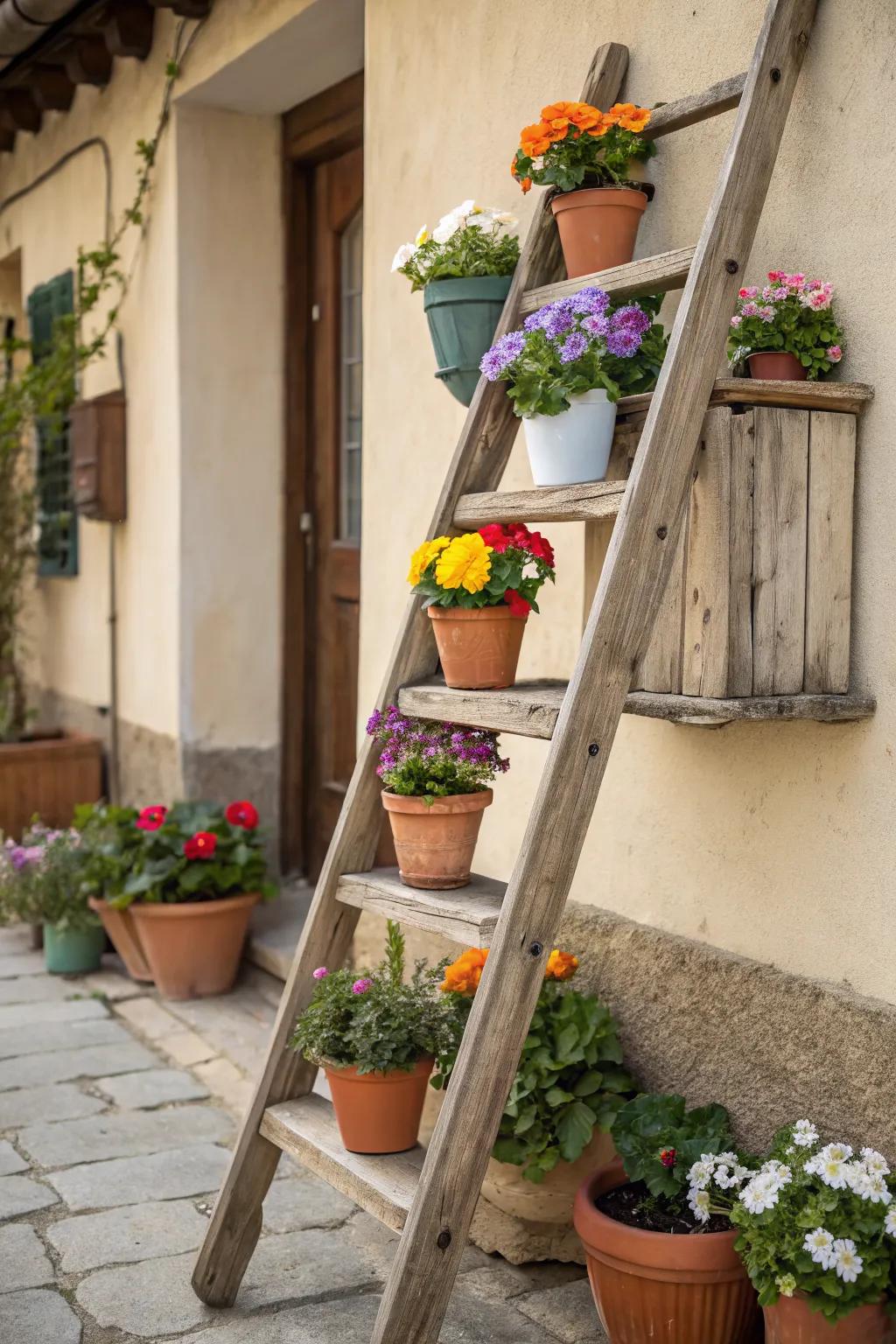 A repurposed ladder transformed into a charming flower stand.