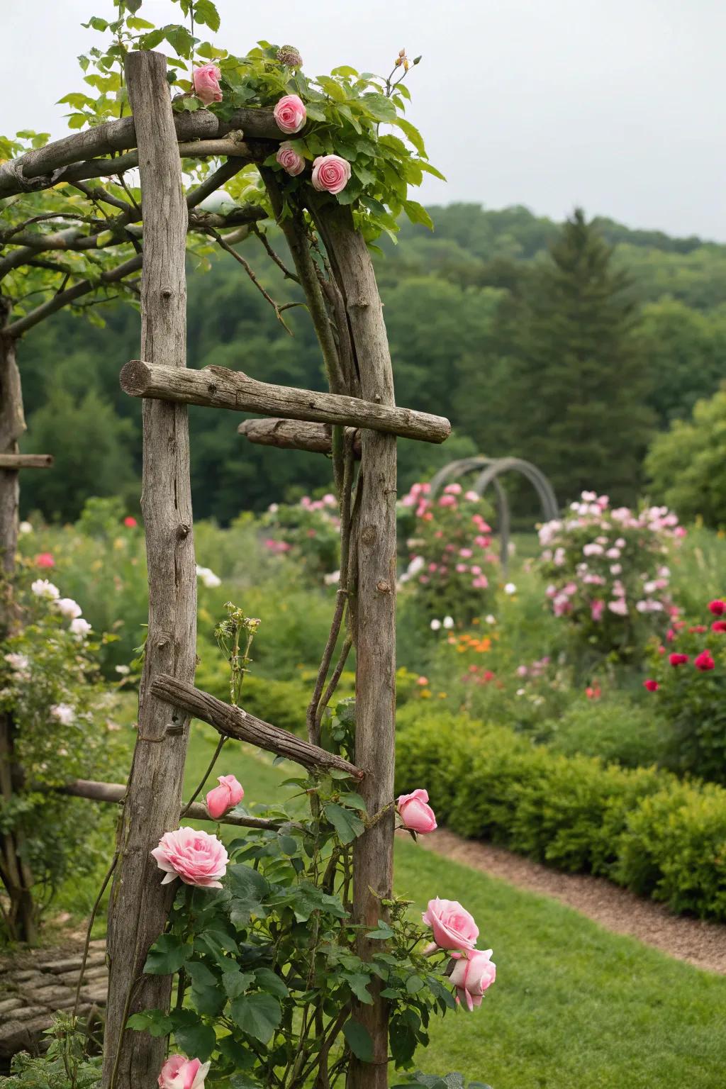 A rustic branch trellis adds natural whimsy to any garden.