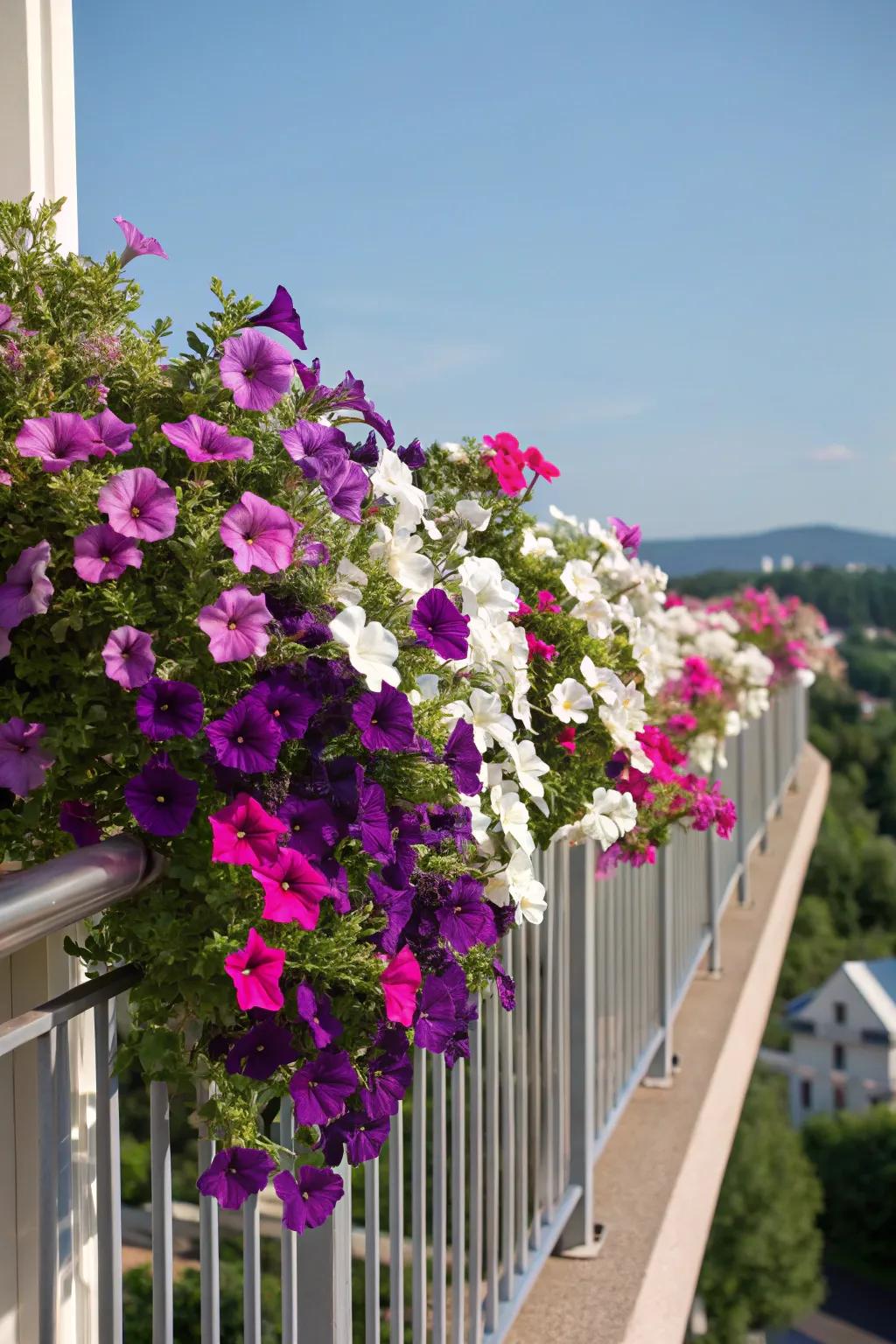 Petunias cascading over a balcony railing add vibrant color.